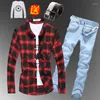 Survêtements pour hommes Printemps Automne Garçons Mens Checks Plaids Chemise à manches longues Crayon Jeans Pantalons Style coréen Slim Fit Chemises Pantalons 2pcs Set