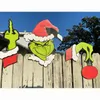 Noel Süslemeleri Grinch Peeker Heykel Hırsız El Kesim Grinchs Bahçe Çit Açık Süs Duvar Çubuğu 220916