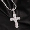 Anhänger Halsketten Hip Hop Zwei Reihen CZ Stein Gepflastert Bling Iced Out Kreuz Anhänger Halskette Für Männer Rapper Schmuck Drop