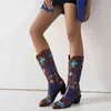 부츠 세련된 패션 디자이너 카우보이 카우걸 부츠 Chunky Heels Mid Calf 자수 플랫폼 여성 웨스턴 부츠 Winter Comfy Shoes T220915