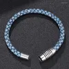 Bedelarmbanden trendy stijl blauw echt leer voor mannen magnetisch roestvrijstalen gesp