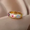 Wedding Rings Whosale Jewelry Colorful Flower For Women Glossy Dripping Oil Enamel Ring Exquisite Boho Opening Trendy Gift