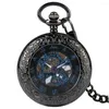 Orologi da tasca Orologio meccanico con numeri romani blu alla moda Scheletro trasparente a carica manuale con catena Orologio manuale antico da uomo