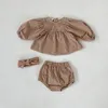Conjuntos de roupas para meninas meninas meninas meninas roupas pequenas roupas de menina xadrez de roupas de manga de manga de sopa Blusa Bloomer 2pcs roupas de criança 220916