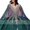 Glitter Mexican Quinceanera Dresses Gold Appliques Green Sweet 15 Prom Gown With Cape Bead Ruched Ball Gown Vestidos de XV anos