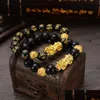 Bangle Bangle Feng Shui Obsidian Stone Beades Men Women للجنسين معصمة الذهب الثروة السوداء Pixiu ونتمنى لك التوفيق Dhseller2010 Dhnhk