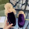 Luxury rabbit fur men's and women's Muller slippers designer leather warm furry drag lazy flat bottom shoes Ladies half slippers 34-42
