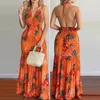 Sukienki swobodne 2022 Summer Kobiety seksowna kantar maxi sukienka bohemian tropikalny nadruk kwiatowy rękawów dama wieczorna szata bez pleców