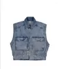 Heren tanktops 2022 Hong Kong -stijl Lapel Jeans Vest voor jongens Summer Overalls Trendy Spring en Autumn Horse Clip