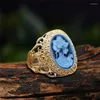 Cluster Rings 6 Colors Lady Queen Cameo For Women Gold Color Pink Blue Gray Fashion Hollow Flower Ring