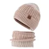 Bérets Q39C Femmes Tricoter Chapeau Et Bavoir Hiver Chaud Doux Couleur Correspondant Mode Coupe-Vent Chunky Tricoté Bonnet Pour Temps Froid