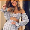 Slash Neck Blue Plaid Long Flare Sleeve Crop Top Mini kjol Kvinnor Sexiga uppsättningar 2 -stycken Kvinnor Outfits Women039s Tracksuits1369268