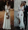 Gorgeous Boho Wedding Dresses Bridal Gown Long Sleeves Beaded Lace Applique Chiffon Side Slit Plus Size Scalloped Neck Custom Made Vestido De Novia 403 403