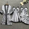 Kvinnors s￶mnkl￤der Kvinnor Summer Robe Set Faux Silk Spets Bathrobe Night Dress 4 Pieces Sexig plus storlek Female Nightrows Sleepshirts