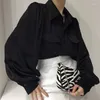 Blusas de mujer Camisas de un solo pecho Mujer Vintage Manga de linterna Mujer Moda Turn-down Collar Oficina Trabajo Tops 18159