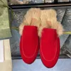 Luxury rabbit fur men's and women's Muller slippers designer leather warm furry drag lazy flat bottom shoes Ladies half slippers 34-42