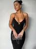 Casual Dresses Summer Elegant Female Strap V Neck Lace-Up Slit Midi Dress Womens Black Backless Sexy Pencil Club Party
