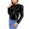 Women's Jackets Shiny Patent Leather Round Neck Jacket Women Long Sleeve Short Coats Back Zip Pullover Ladies PVC Clubwear Custom