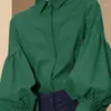 Women's Blouses 2022 Spring Freach Vintage Blouse Women Elegant Fashion Lantern Sleeve Shirt Lady Lapel Loose Striped Tops Green Button Up