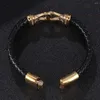 Charm Bracelets Punk Black Braided Leather Bracelet Men Gold Color Stainless Steel Magnet Buckle Rock Jewelry Man Gift BB0752