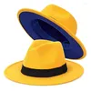 Berets dames dame tweekleurige geel wijd ramp panama hoed patchwork kleuren klassieke fedora met riemgespel
