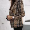 Women's Suits Women Blazers Coat Plaid Long Sleeve Double Breasted Clothes Lapel Collar Outerwear Garment Topcoat For Female Autumn