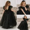 Robes De Fille Magnifique Noir Junior Filles Cap Manches Glitter Brillant Tulle Longue Première Communication Robe De Mariage Robes De Fleur