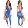 Byxor 2022 sommar sexig ￤rml￶s ryggl￶s halter jeans denim jumpsuit play -dode mode smal bodycon romper overall plus size outfits