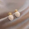 Stud Earrings S925 Silver Pineapple Pearl French Retro High-end Red Temperament Female Needle Jewelry
