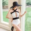 Women's Swimwear 2022 Korea Sexy Backless Swimsuit Cut Out Swim Halter Bandage Beachwear Women One Piece Hollow Bodysuit