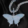 Iced Out Animal Grand Papillon Pendentif Collier avec Chaîne Cubaine Bleue Argent Bleu Plaqué Or Hommes Hip Hop Bling Bijoux Gift287g