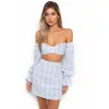 Slash Neck Blue Plaid Long Flare Sleeve Crop Top Mini kjol Kvinnor Sexiga uppsättningar 2 -stycken Kvinnor Outfits Women039s Tracksuits1369268