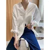 Women's Blouses HXJJP Simple Long-sleeved V-neck Double-pocket Shirts Female 2022 Spring Autumn Casual Button Down Tops 660