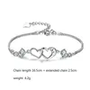 Bracelet à breloques en ficelle Double cœur pour femmes, en cristal blanc, bijoux plaqués couleur argent, Bileklik Pulseira238k