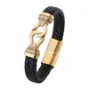 Charm Bracelets Punk Black Braided Leather Bracelet Men Gold Color Stainless Steel Magnet Buckle Rock Jewelry Man Gift BB0752