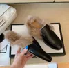 Luxury rabbit fur men's and women's Muller slippers designer leather warm furry drag lazy flat bottom shoes Ladies half slippers 34-42