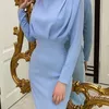 Casual jurken Insta elegante vrouwen staan ​​kraag slanke taille vaste blauwe enkel lengte herfst lange mouw feest mode 220916