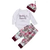 Set di abbigliamento 2022 Autunno Inverno 3PCS Born Baby Girls Set di vestiti Fiore Lettera stampata Tuta Pantaloni Leggings Cappello Abiti