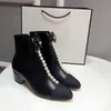 Women back Zipper Ankle Boots Pearl Chain Bow Lady Paris 2024 Spring Fashion Short Boot Branded Shoes Platform Mid High Chunky Heels Leather Cap Toe Dress Shoe Booties