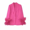 Women Dwuczęściowe spodnie jesienne moda pióro proste Blazery Kobiety pojedynczy guzika różowa kurtka dama elegancka solidna, długie rękawie eleganckie topy 2209919