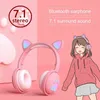 سماعات الرأس Cate Cat مع ميكروفون 9D Stereo Kids Girls Bluetooth اللاسلكية الأذن إغلاق الضوء لجهاز iPhone Samsung Android T220916