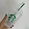 16OZ Starbucks Dome Cover Vaso de plástico Reutilizable Claro Beber Copa de fondo plano Forma de pilar Tapa Taza de paja Bardian Green Straws