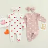 Barboteuses Infantile Bébé Filles Deux Pièces Ensemble De Vêtements Coeur Imprimé À Manches Longues Col Ras Du Cou Barboteuse Et Noeud Noeud Coiffe Rose / Blanc 220919