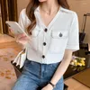 Blusas femininas-pescoço manga curta chiffon blusa camisa branca roupas femininas 2022 verão topos botão bolsos moda coreana chemisier