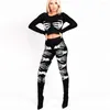 Women's Two Piece Pants Ladies Black Skeleton Suit Bare Belly Knit Long Sleeve Top Slim Halloween Nightclub Dress Up Y2K90S Streetwear