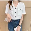 Blusas femininas-pescoço manga curta chiffon blusa camisa branca roupas femininas 2022 verão topos botão bolsos moda coreana chemisier