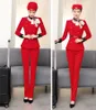 Women's Two Piece Pants IZICFLY Style Red Airline Stewardess Clothes Women Pant Suit El Reception SPA Restaurant Waitress Uniform For Work