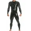 Mode Catsuit Costumes mens PVC Faux cuir Col rond costume Unitard Sexy Zentai combinaisons globales Fermeture à glissière arrière à 3 voies à l'entrejambe avant