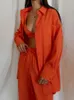 Kvinnors tvåbitar byxor Bomullsskjorta Long Set Female Single-Breasted Lapel Sleeve Suit Hög midja snörning Slits Wide Leg 220919