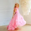 Lovely Pink Flower Girls Dresses V Neck Tulle Cap Sleeves Hand Made Flowers High Low Sweep Train Kids Birthday Girl Pageant Gowns Open Back 403